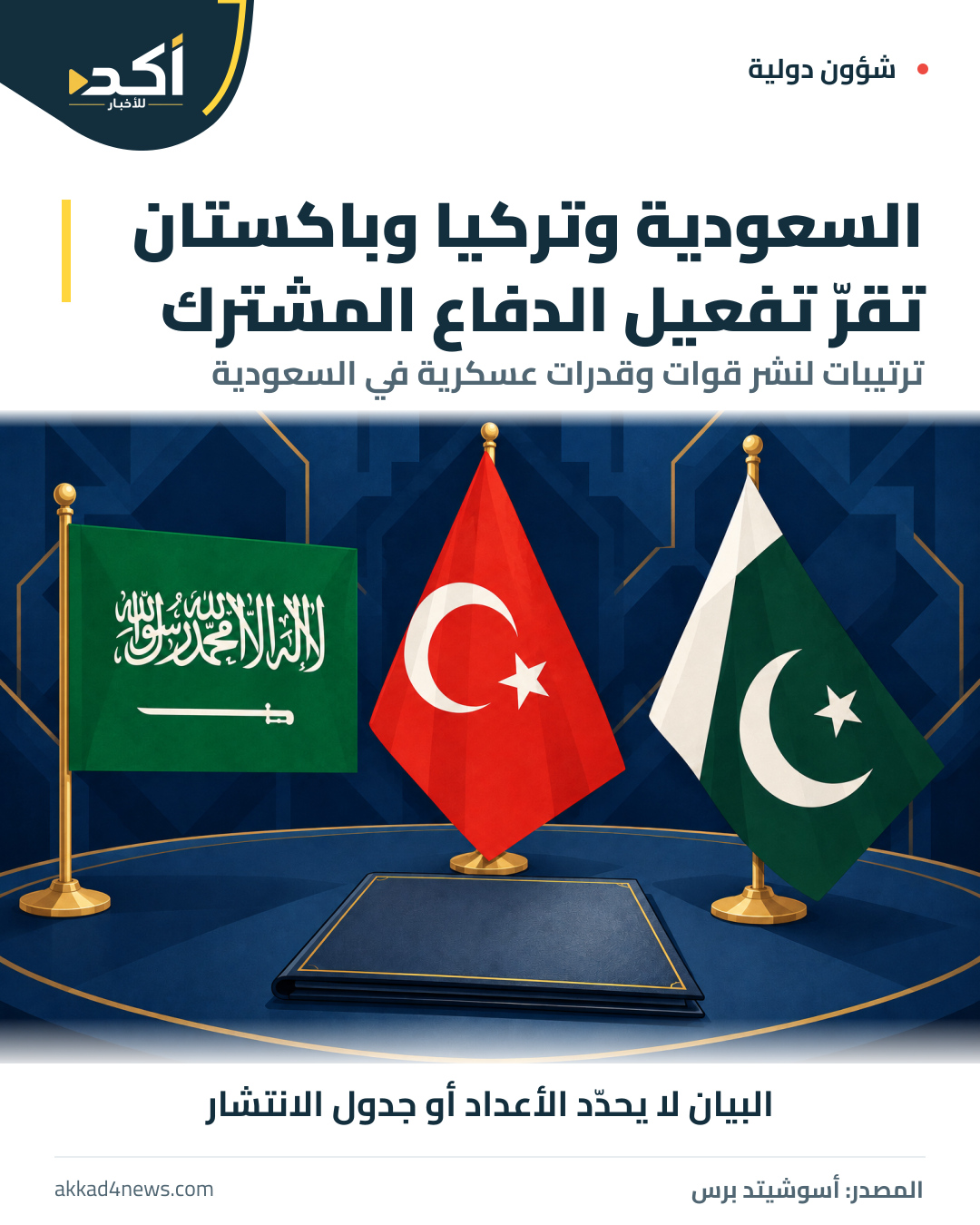 رسم رمزي لأعلام السعودية وتركيا وباكستان أمام ملف اتفاق فارغ.
