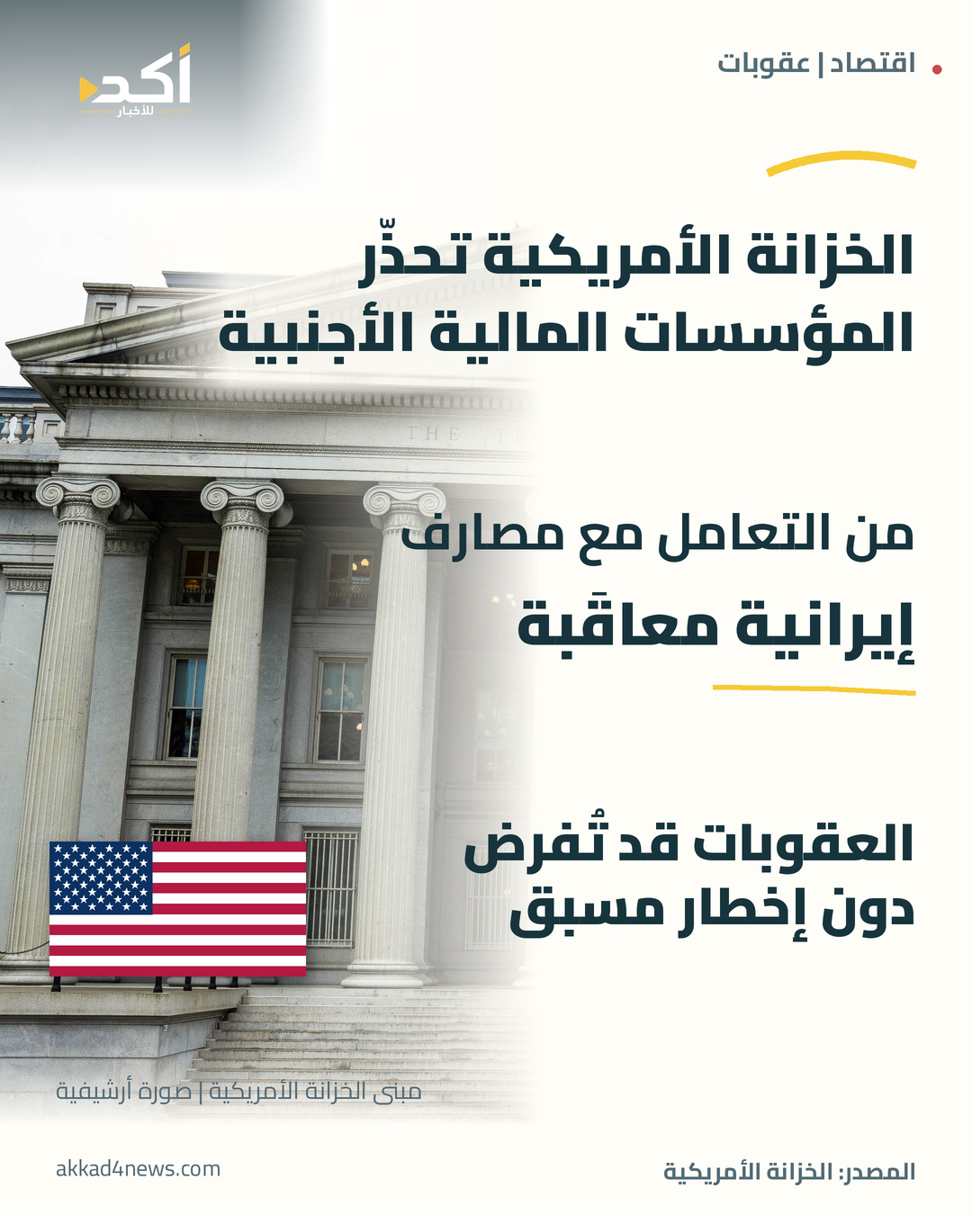 بطاقة أكد عن تحذير الخزانة الأمريكية للمؤسسات المالية الأجنبية، مع صورة أرشيفية حقيقية لمبنى الخزانة وعلم أمريكي توضيحي منفصل.