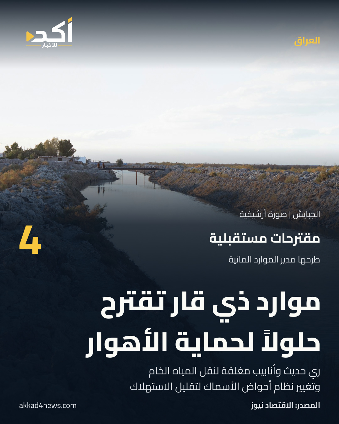 بطاقة أكد عن مقترحات موارد ذي قار لحماية الأهوار، فوق صورة أرشيفية لمجرى مائي في الجبايش.