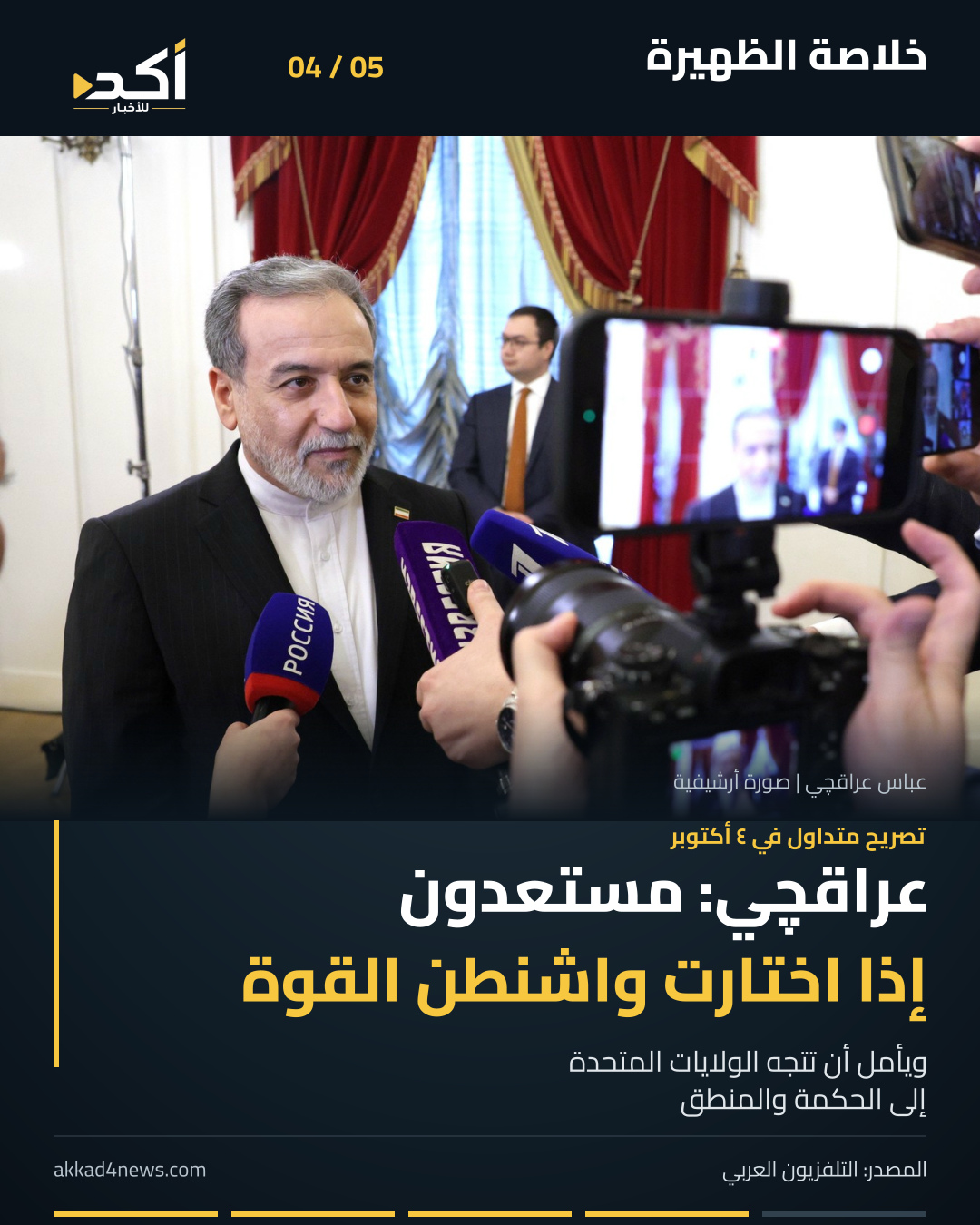 ملخص أكد من خمس صور ثابتة يتنقل بينها القارئ يدوياً، لنافذة الظهيرة يوم ٤ أكتوبر ٢٠٢٦. بالترتيب: رواية مسعود حيدر عن أعمال الزيدي، بيان قرعة الحج، تهنئة الخارجية الأميركية للعراق، تصريح عراقچي المشروط، والمسودة الفرنسية لهرمز. الصور أرشيفية، وتواريخ الأخبار ظاهرة على البطاقات. (4/5)