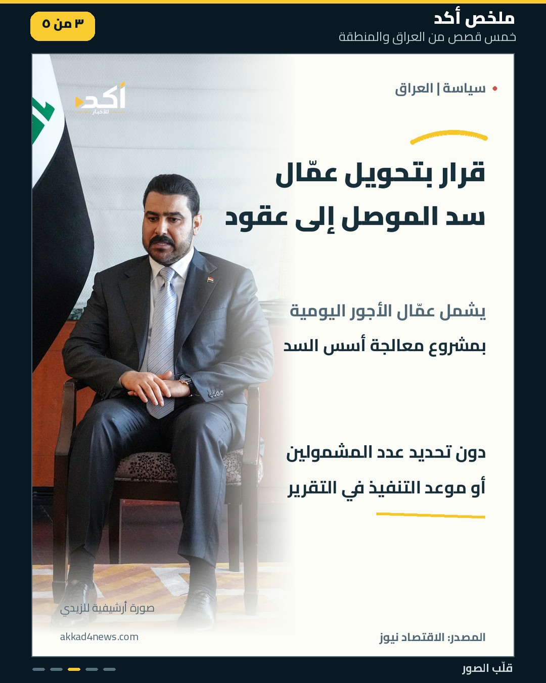 ملخص أكد من خمس بطاقات مرتبة، يتضمن صوراً توضيحية وأرشيفية ورسماً رمزياً للأعلام، مع مصادر الأخبار داخل كل بطاقة. (3/5)