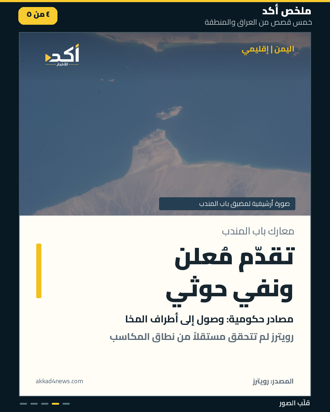 ملخص أكد من خمس بطاقات مرتبة، يتضمن صوراً توضيحية وأرشيفية ورسماً رمزياً للأعلام، مع مصادر الأخبار داخل كل بطاقة. (4/5)