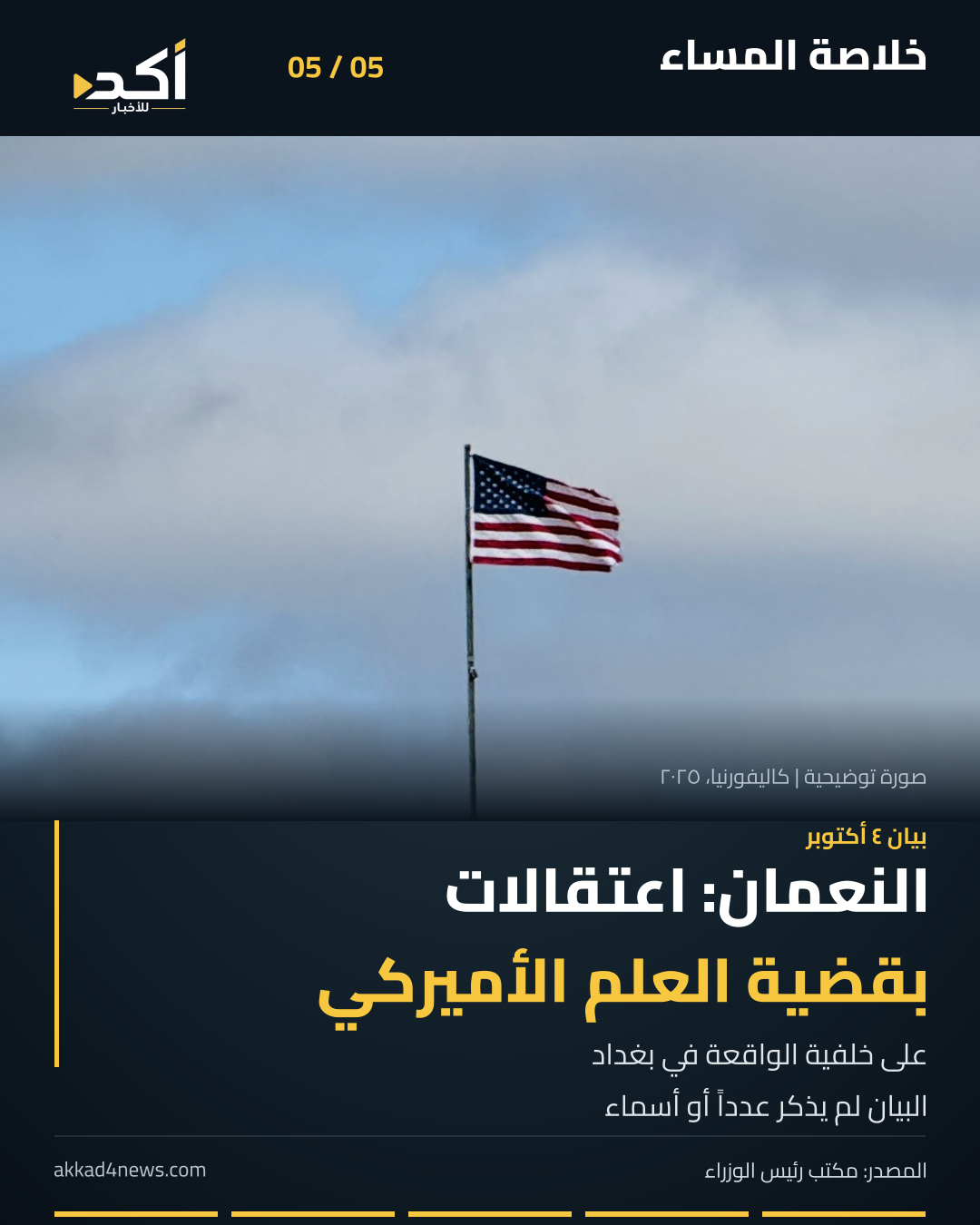 خلاصة أكد من خمس صور ثابتة تُقلب يدوياً: الحاجة إلى مبانٍ مدرسية، مقترحات الأهوار، اعتصام موظفي مطار النجف، قرار أوبك+ لنوفمبر، وإعلان الاعتقالات بقضية العلم الأميركي. الصور أرشيفية أو توضيحية ولا توثق أحداث اليوم. (5/5)