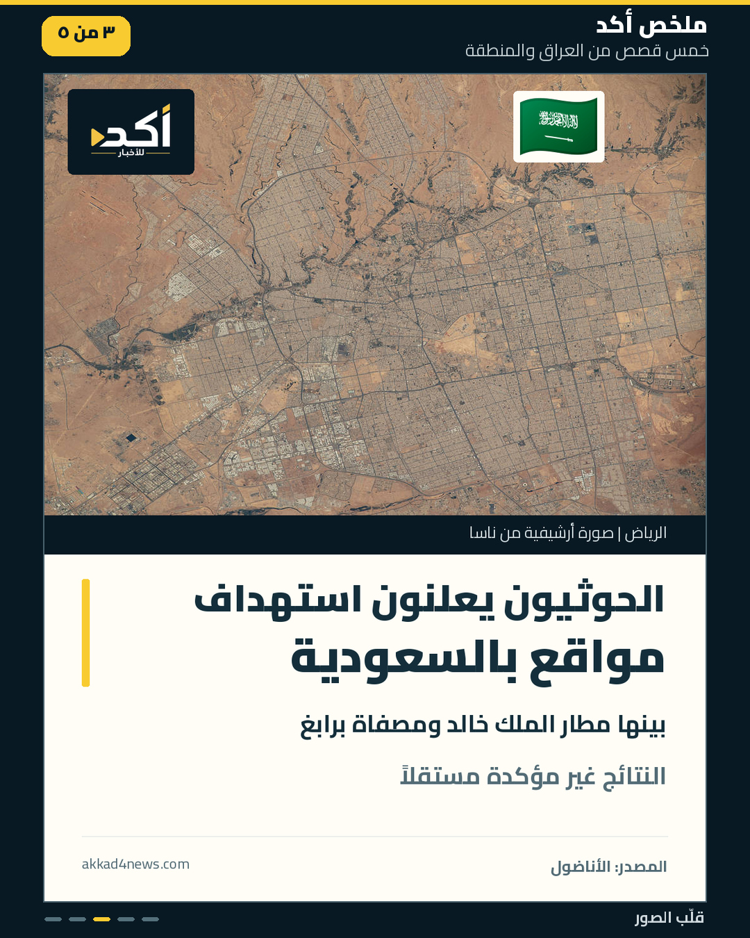 خمس بطاقات ملخص أكد، بصور أرشيفية حقيقية وأعلام مرتبطة بكل قصة. (3/5)