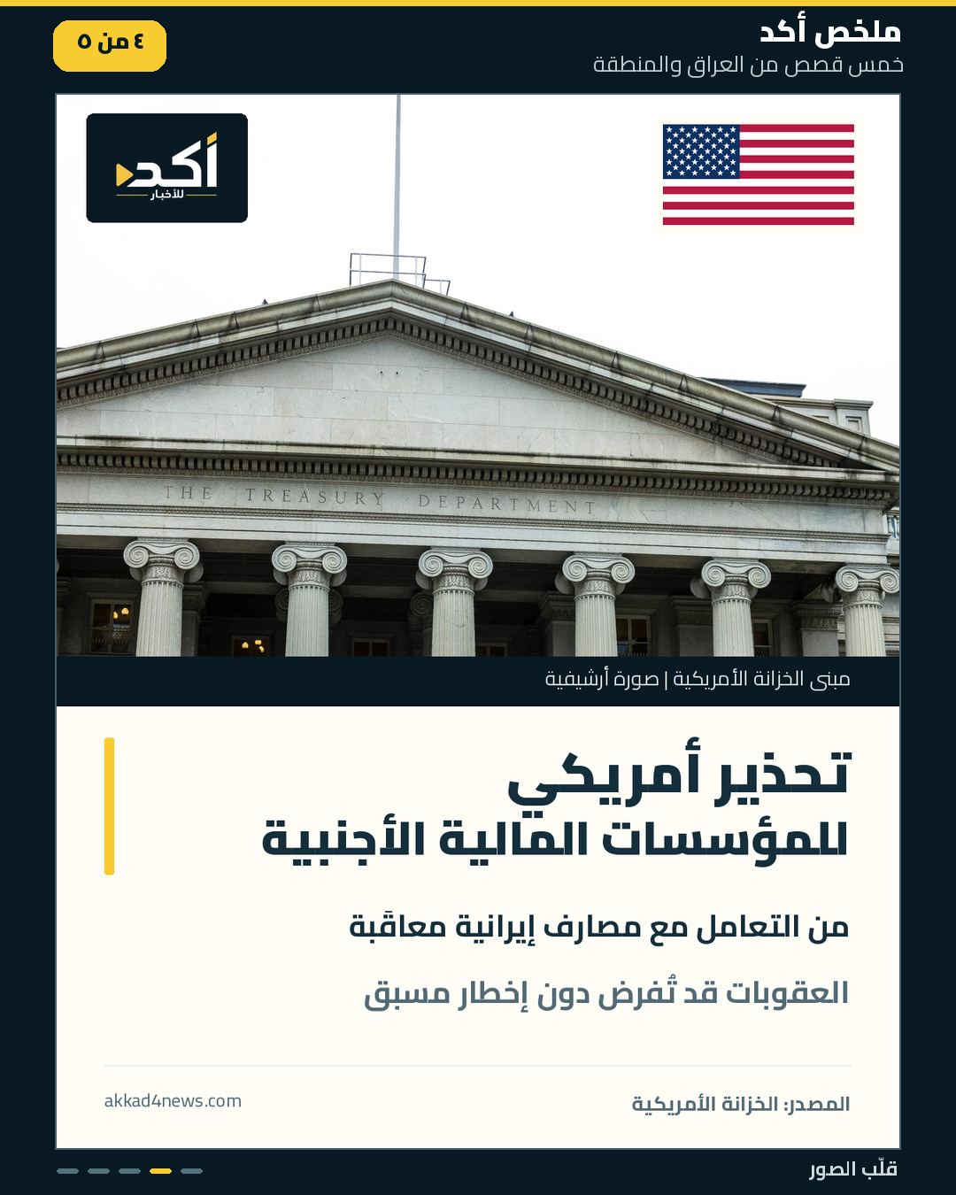 خمس بطاقات ملخص أكد، بصور أرشيفية حقيقية وأعلام مرتبطة بكل قصة. (4/5)