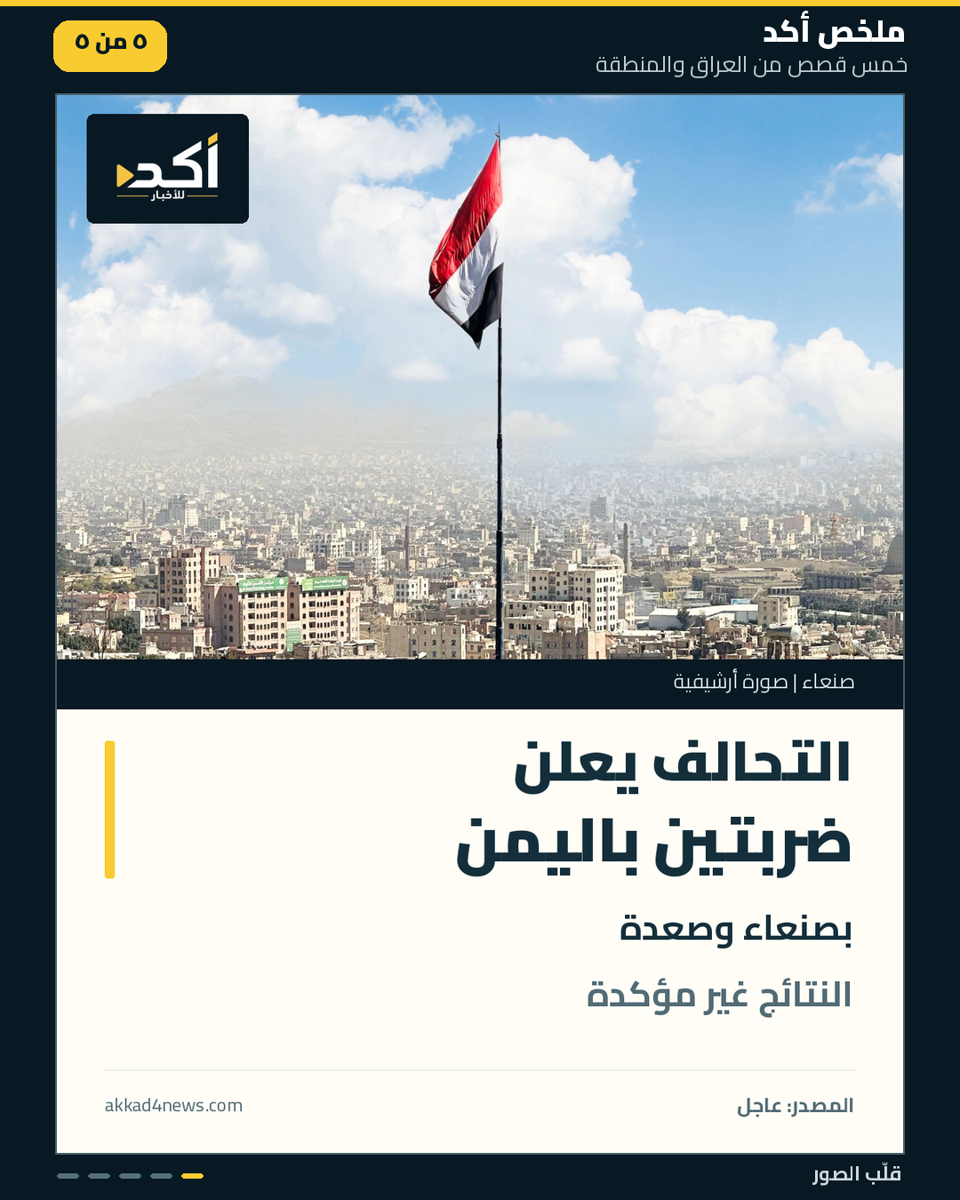 خمس بطاقات ملخص أكد، بصور أرشيفية حقيقية وأعلام مرتبطة بكل قصة. (5/5)