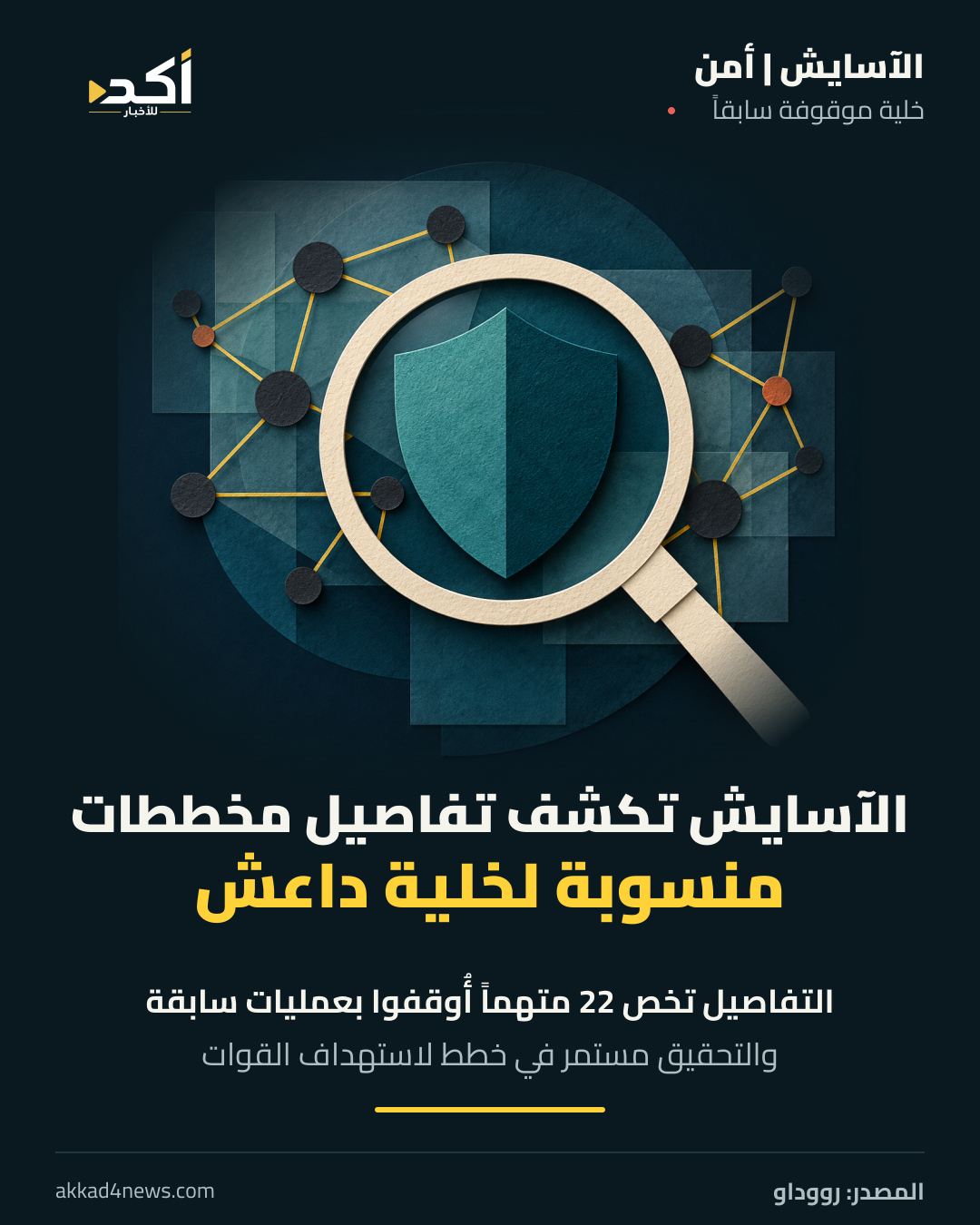 رسم رمزي لدرع وعدسة مكبرة وروابط هندسية مجردة، يرمز إلى التحقيق الأمني ولا يصور واقعة أو أشخاصاً حقيقيين.