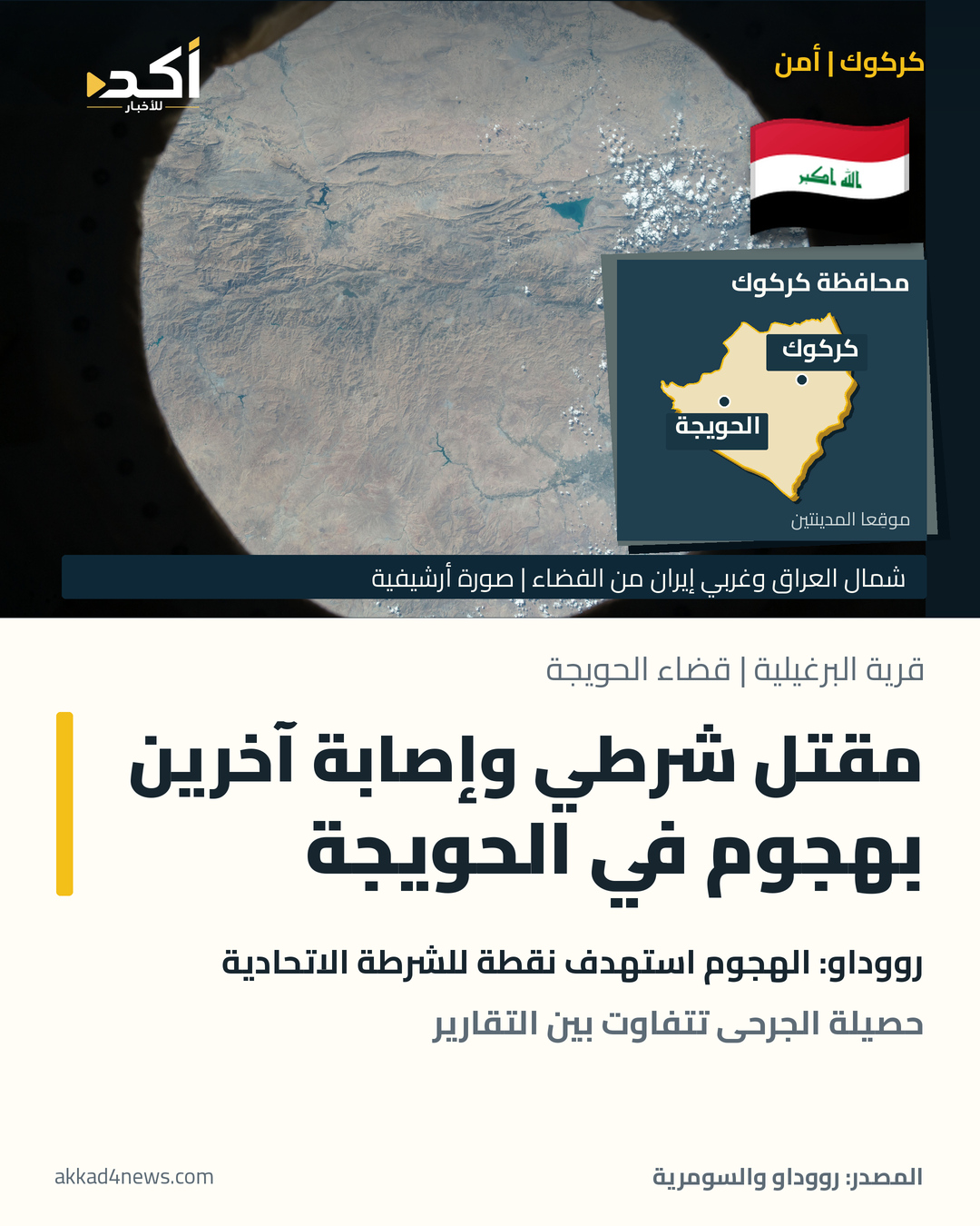 صورة فضائية أرشيفية لشمال العراق وغربي إيران، مع علم العراق وخريطة منفصلة لموقعي كركوك والحويجة؛ لا توثق الهجوم.