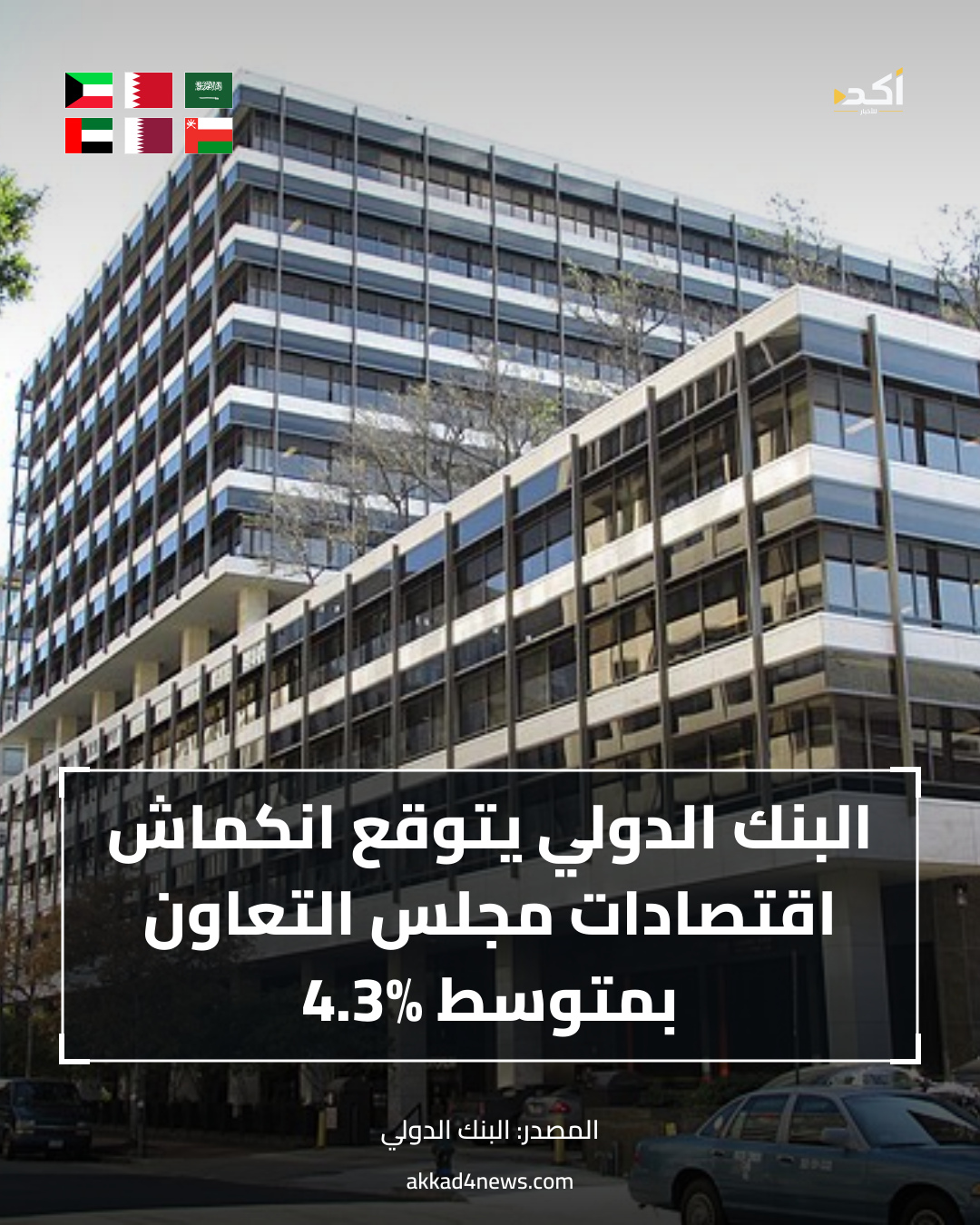 بطاقة أكد على صورة أرشيفية لمبنى H التابع للبنك الدولي في واشنطن، مع أعلام دول مجلس التعاون.